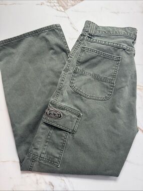 Y2K Lee Pipes Wide Leg Cargo Pants Green Distressed Sz XL Trendy skater grunge
